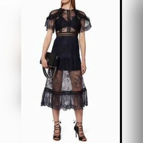 cinderella movie blue dress Blue Crepe Lace Midi Dress – self-portrait-US